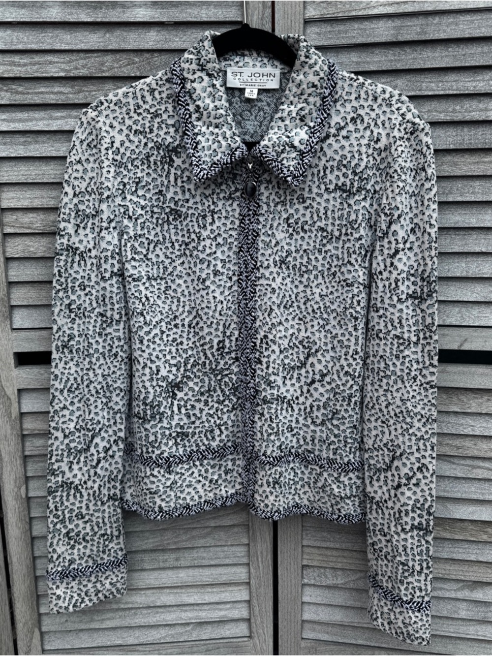 St John by Marie Gray Mohair Blend Knit Blazer Jacket Teal Animal Print Size 14